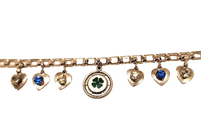 Vtg Sterling Silver Shamrock Bracelet w/Gem Heart Charms Double Flower Box Lock