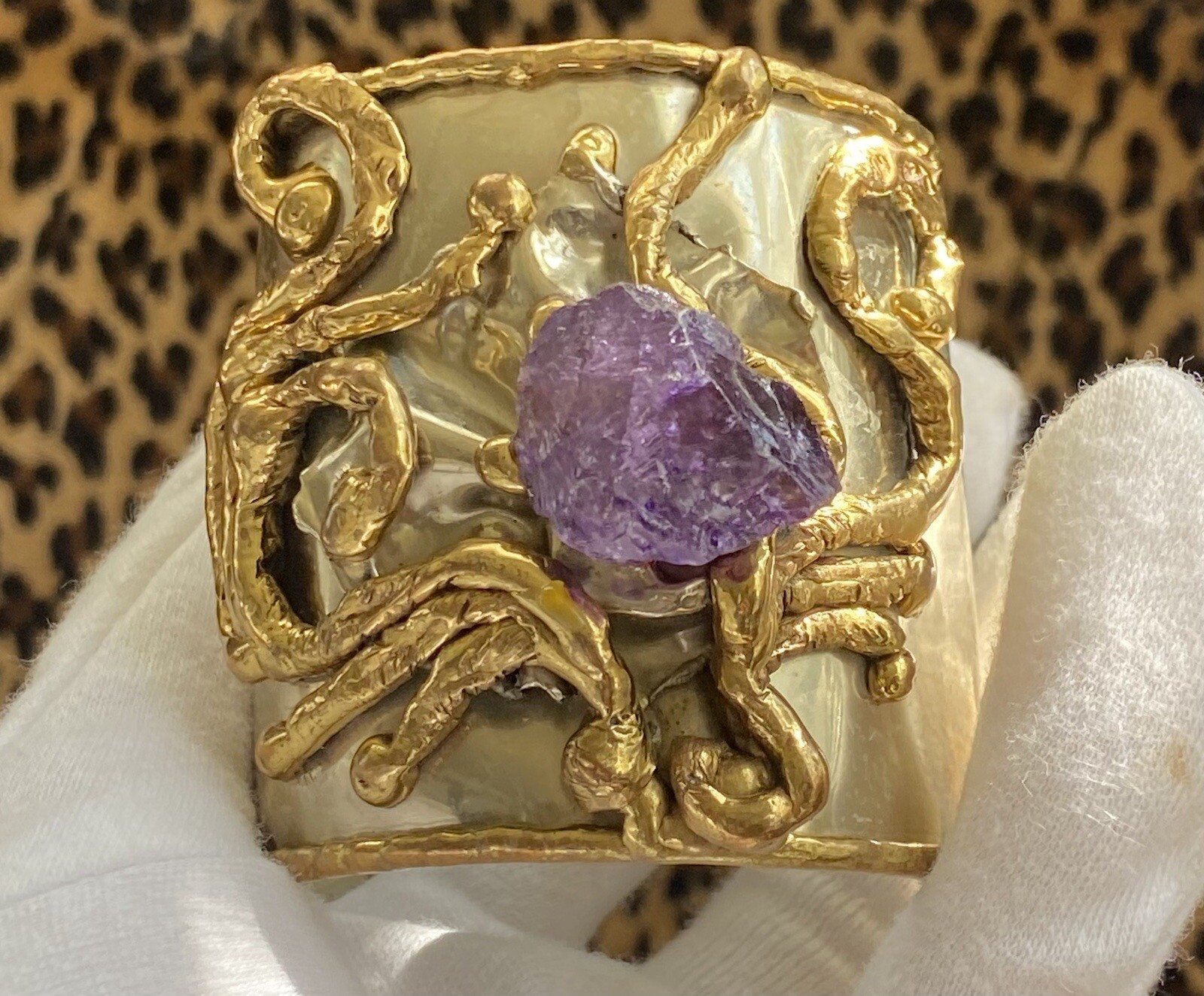 Vintage COPA COLLECTION Huge Chunky Brutalist Modernist Cuff Bracelet Amethyst