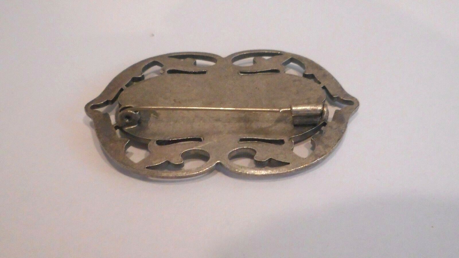 Vtg. Victorian Revival Butterscotch Enamel & Crystals Pewter Tone Metal, Brooch
