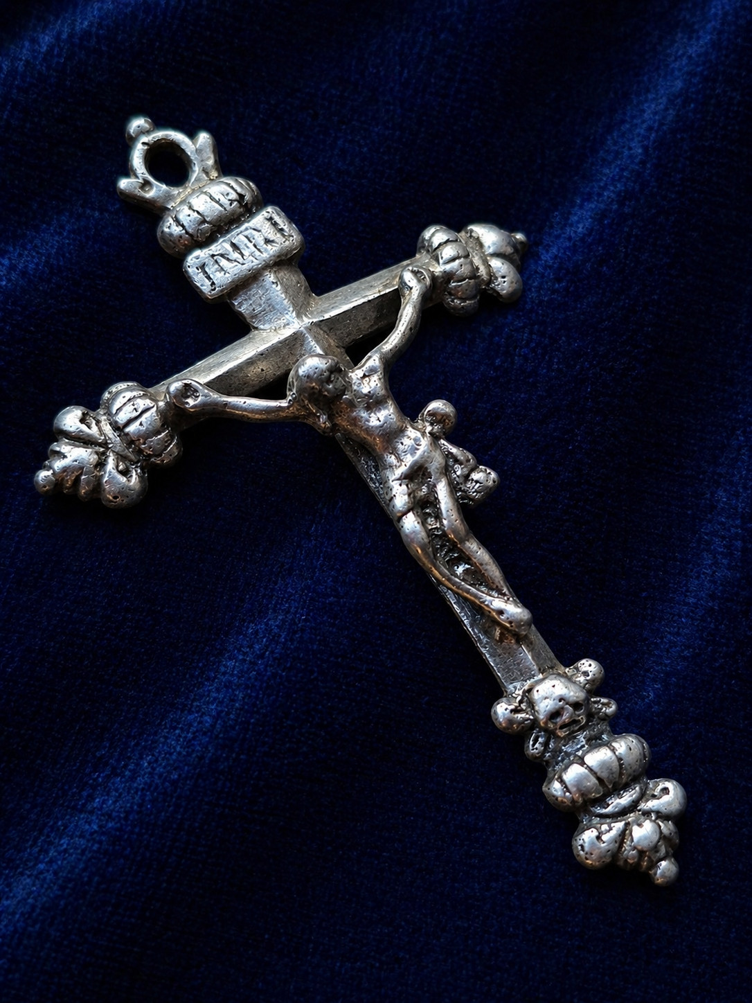 Large Antique Solid Silver Crucifix INRI Skull 18th Century Baroque Rare Religio