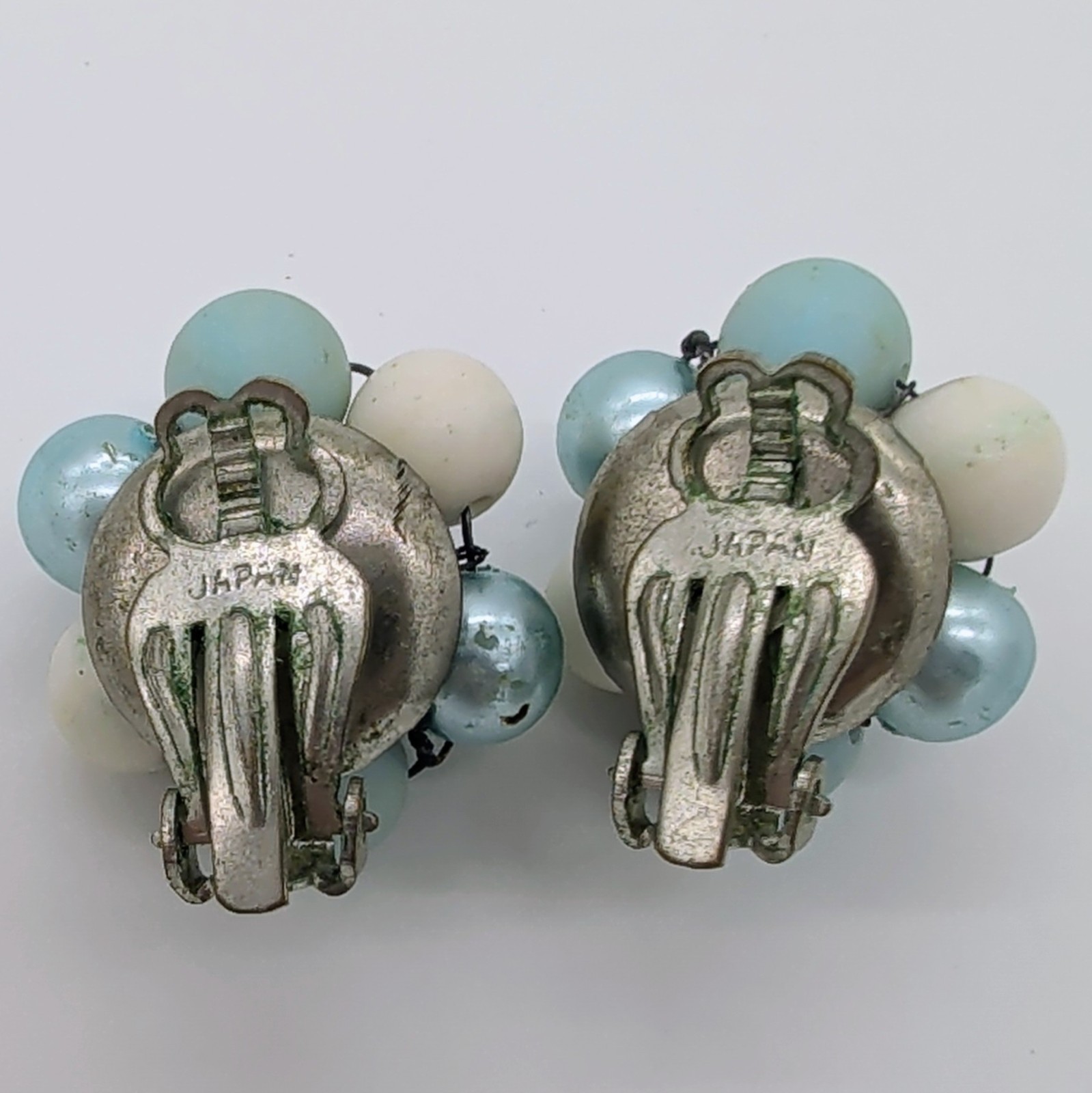 Vintage Signed Japan Blue White Beaded Cluster Clip-On Earrings Silver Tone