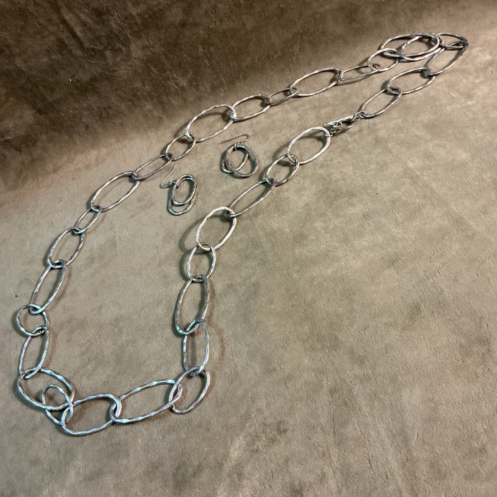 Vintage aluminum chain necklace and matching design earrings hammered texture
