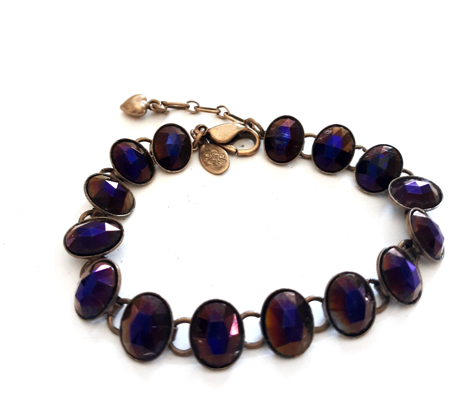 Kirks Folly Crystal Station Bracelet Deep Purple Antiqued Gold Tone Heart Charm
