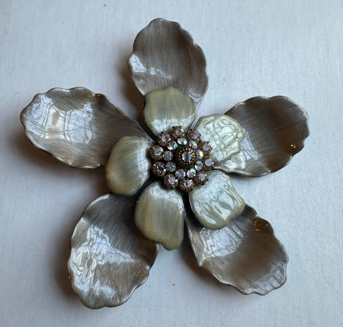 LIZ PALACIOS SF LARGE ENAMEL FLOWER BROOCH w/ PINK & IRIDESCENT STONES 3.5″ DIA