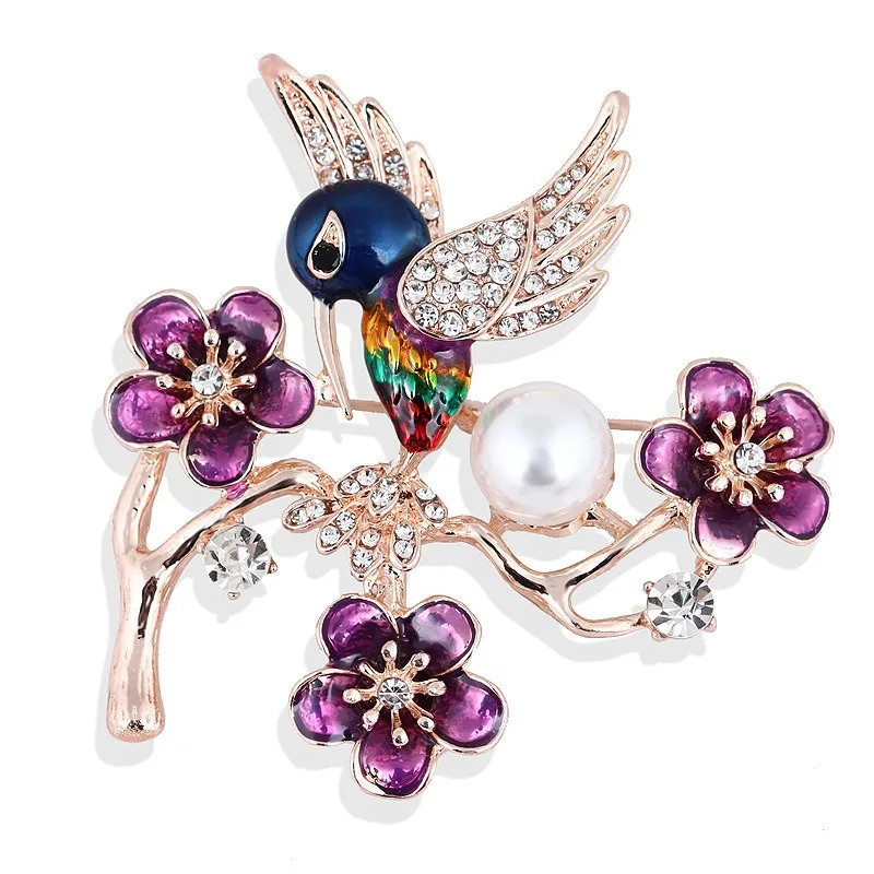 Enamel Alloy Plum Blossom Forest Songbirds Kingfisher Pearl Brooch Clothing Pin