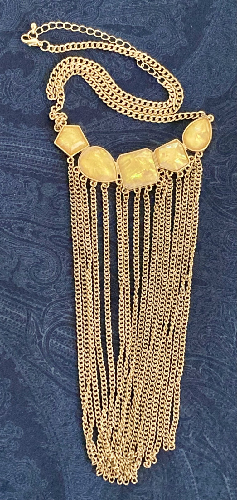 Statement Bib Fringe Necklace Gold Tone Chain Iridescent Yellow Faceted Beads