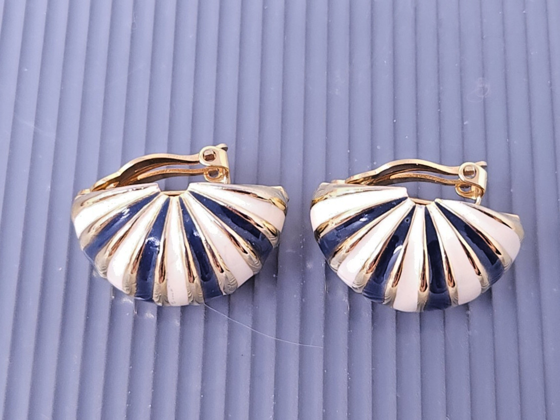 Vintage Gay Boyer Gold Tone Blue Enamel Hoop Clip on Earrings