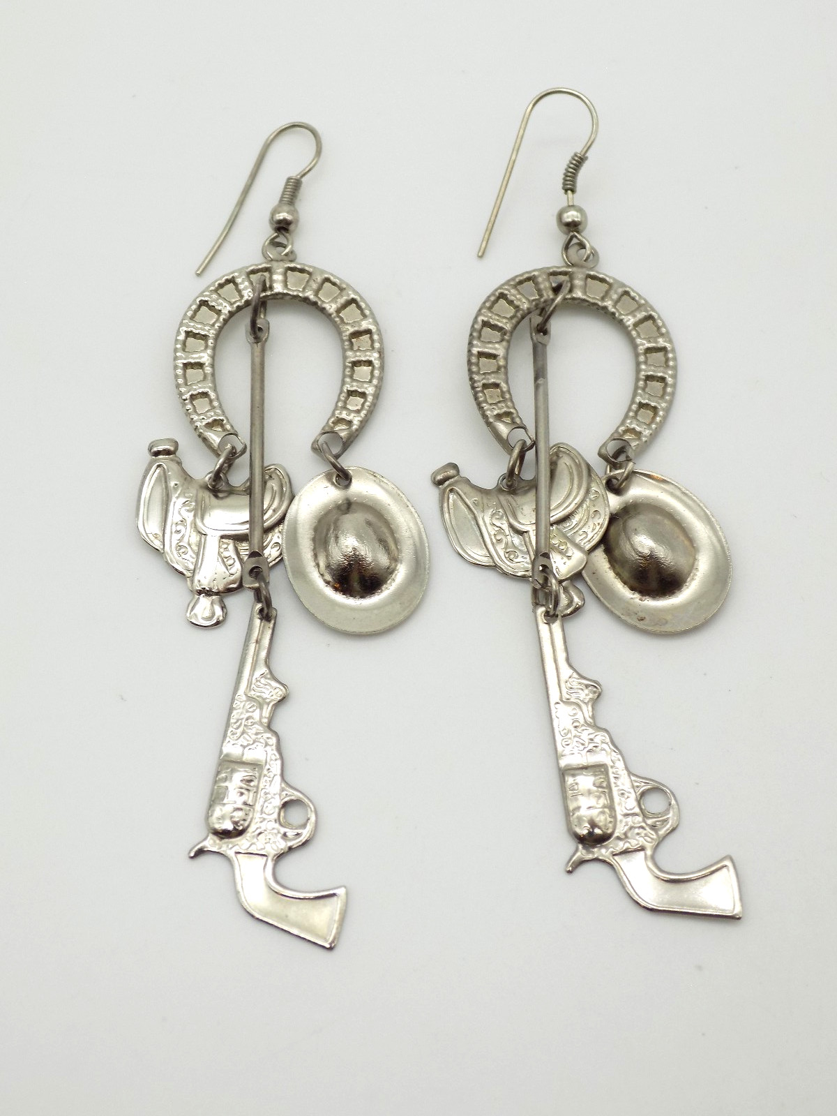 Vintage Silver Tone South Western Cowboy Dangle Charm Earrings Pierced