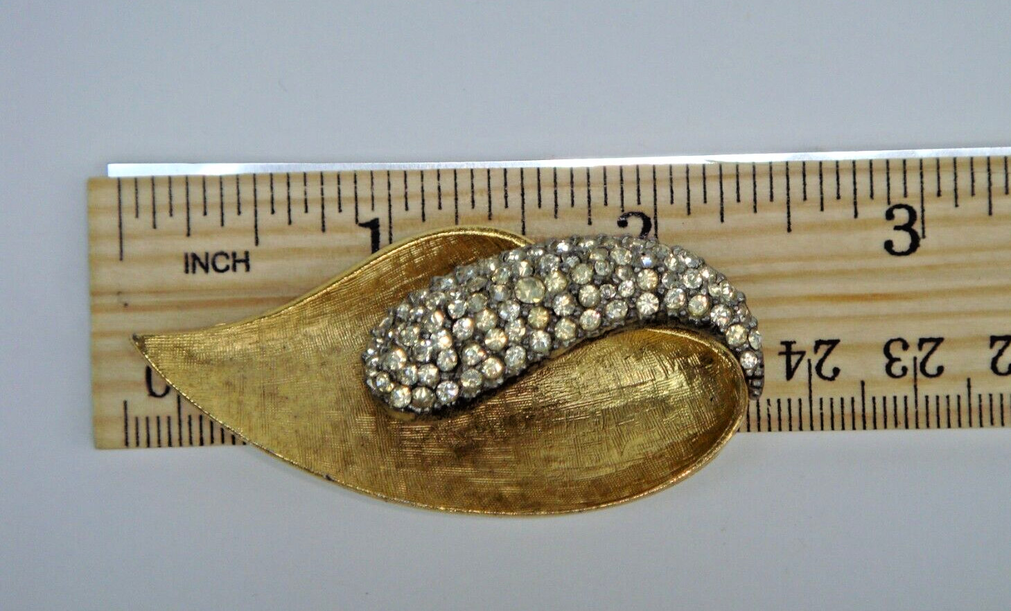 Leaf Pin-Brooch Brushed Yellow Gold-Tone with Crystal Rhinestones Signed B.S.K.