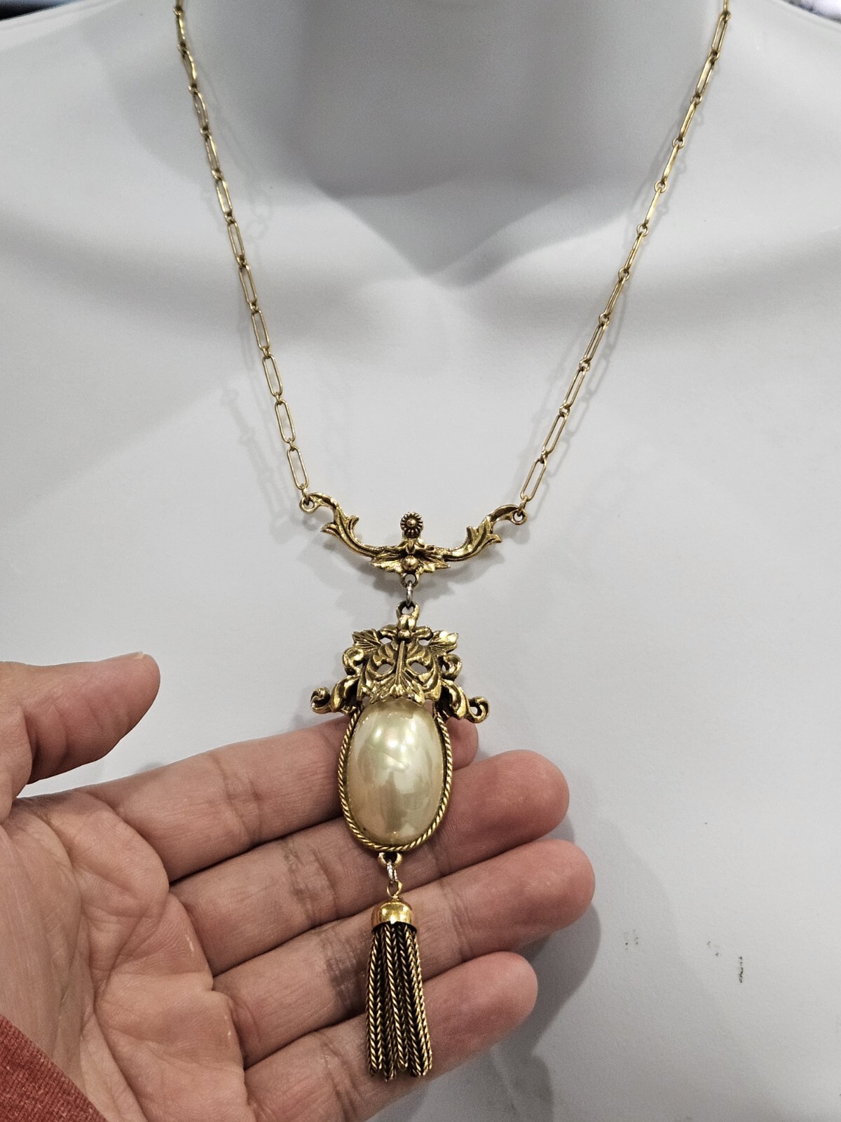 Vintage Goldette White Faux Pearl Dangle Fringe Victorian Revival Necklace 60’s