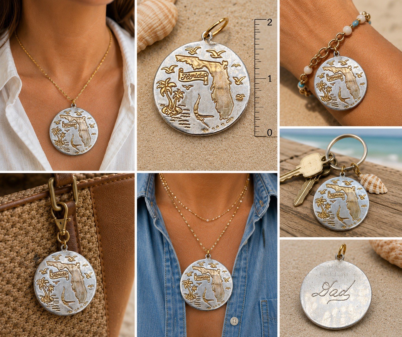 Florida Charm Pendant Silver Plate Brass 14K Gold Accent Dad 70s Souvenir Medal