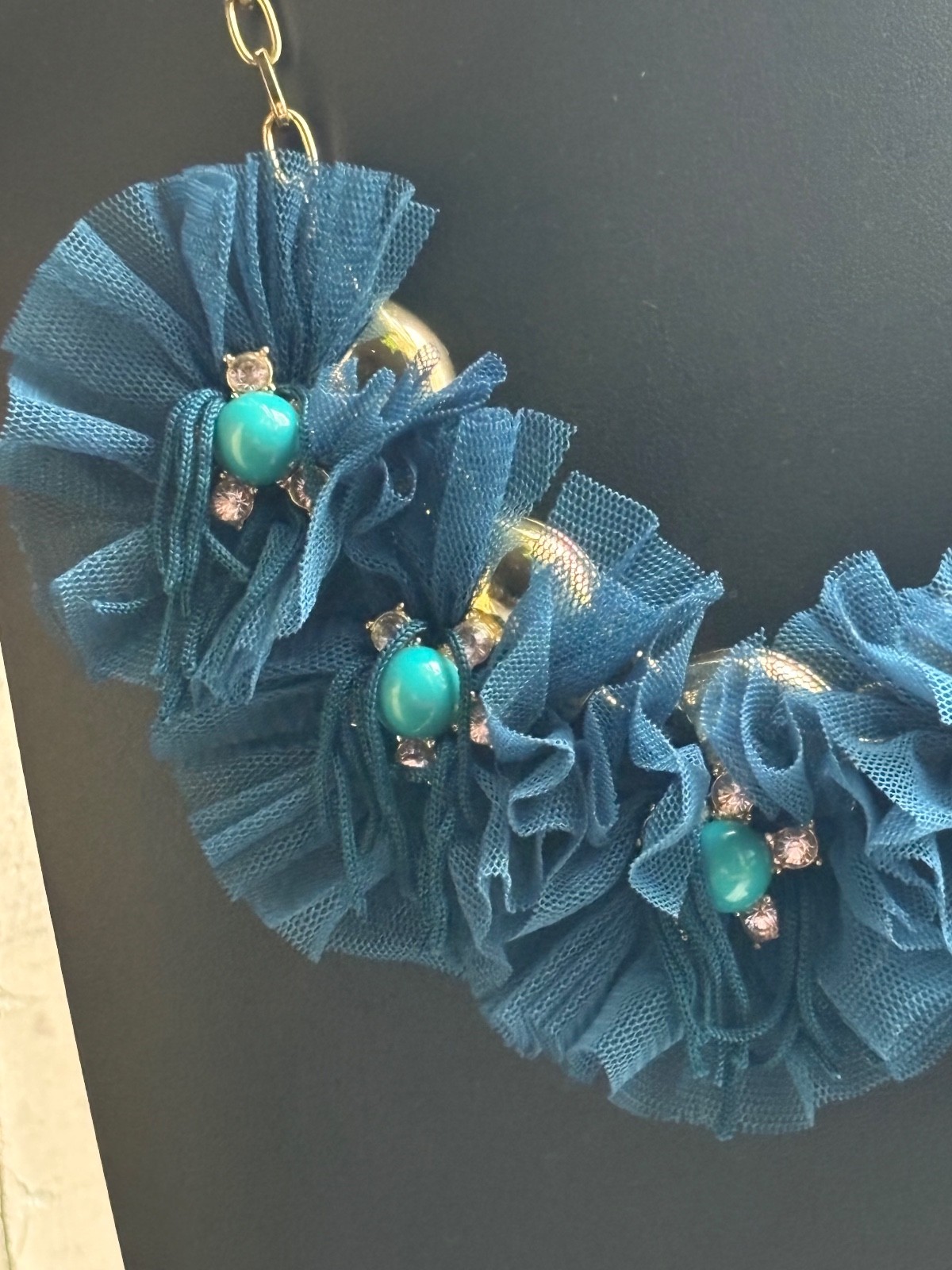 SUGARFIX BLUE Tutu Lace Flowers & Rhinestone Ballerina Necklace Gold Tone