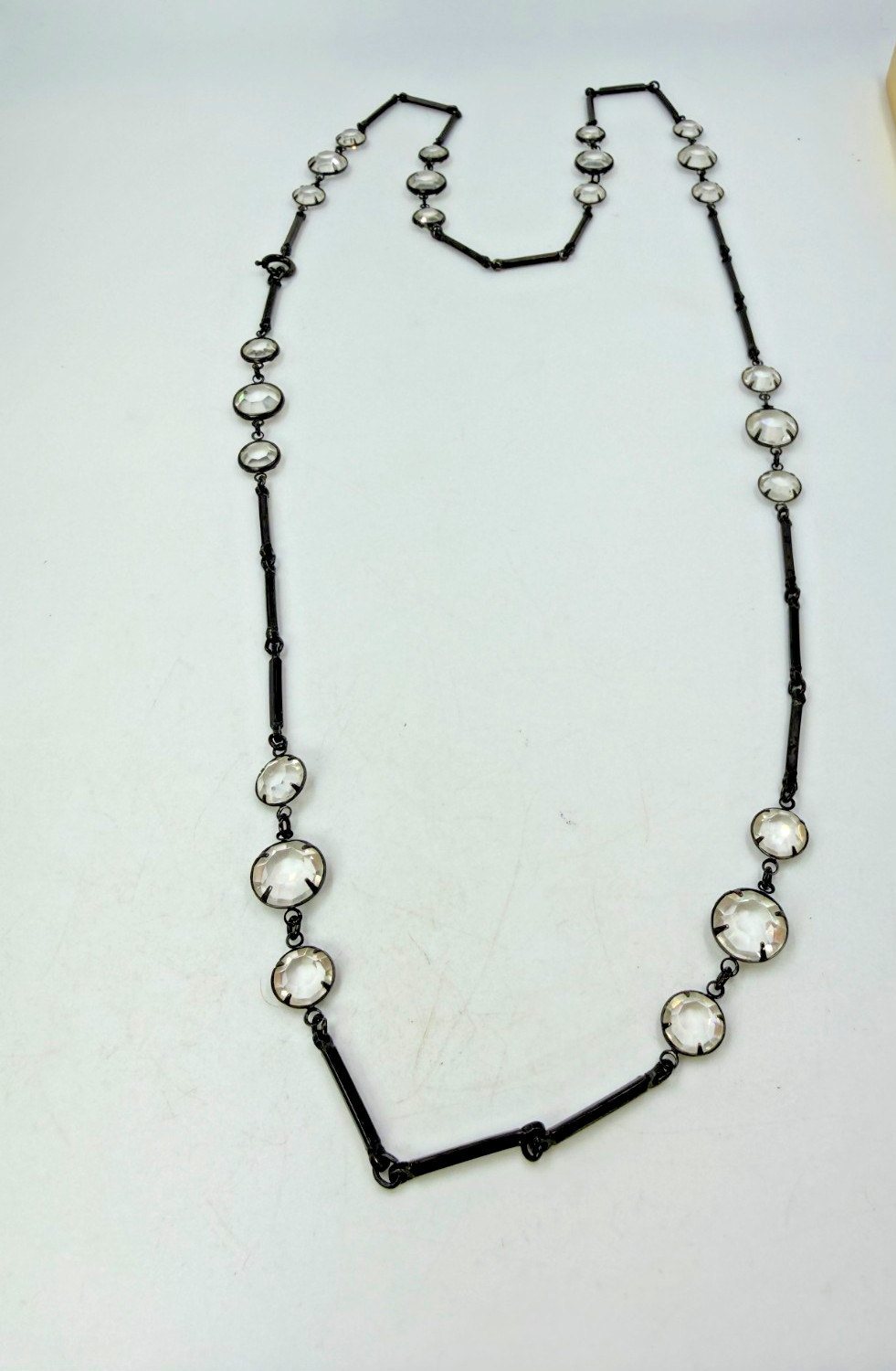 Vintage Necklace Crystal Black Link Rhinestone Bezel Estate 68 inches PJ