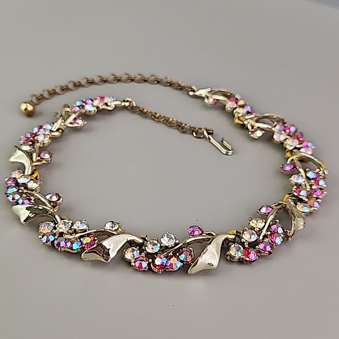 Vintage BSK Rhinestone Necklace AB Red Gold Tone Choker 16″