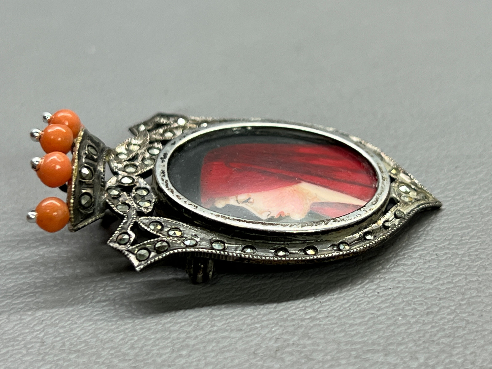 Victorian Pendant Brooch 800 Silver Virgin Mary Marcasite & Coral Hand Painted