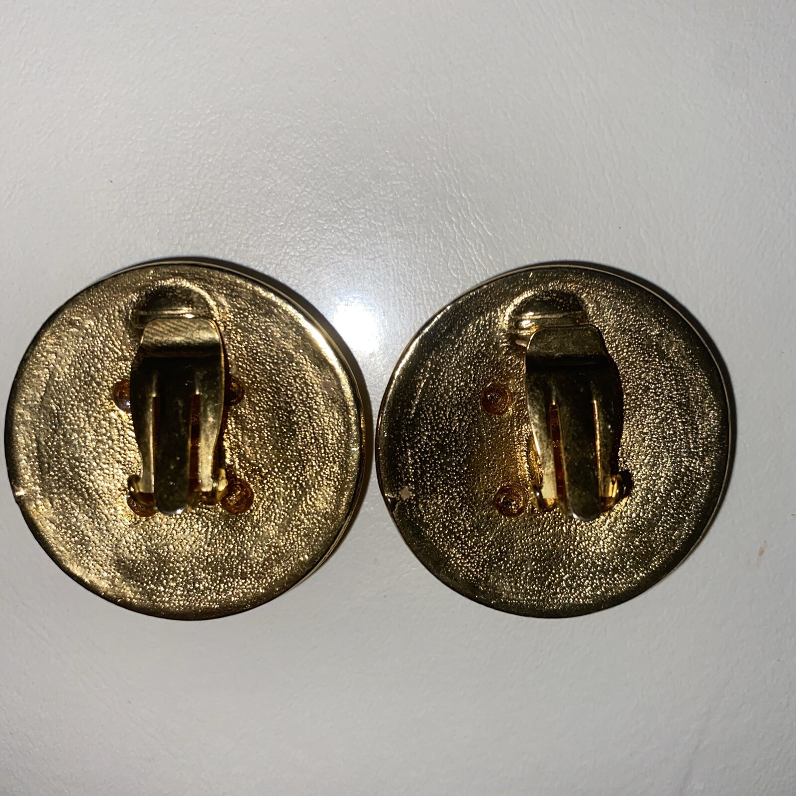 Vintage Clip On Off-White Button Enamel Earrings With Gold Trim Nautical Costume