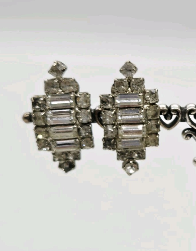 Victorian Crystal Earring Silver Tone Clip on Adorable Wedding Bridal 1.5 in #2