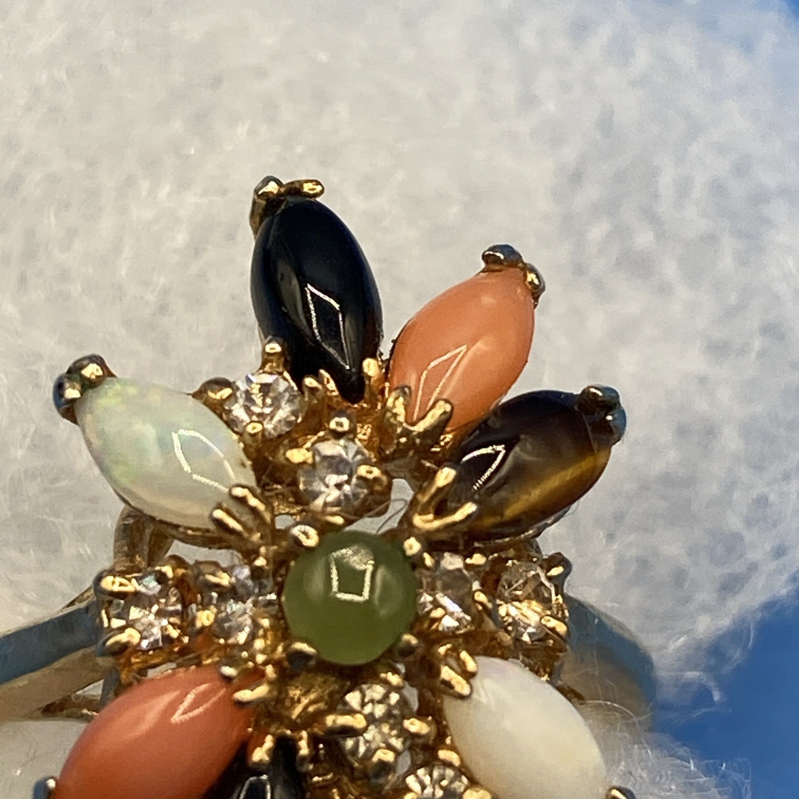 vintage RING sz 8 cluster natural stones opal coral onyx jade tigers eye GP