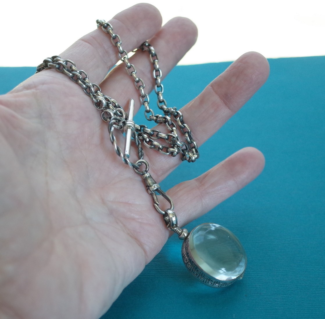 Sterling Silver Heavy Rolo Chain Glass Locket Watch Swivel T Bar Toggle Closure