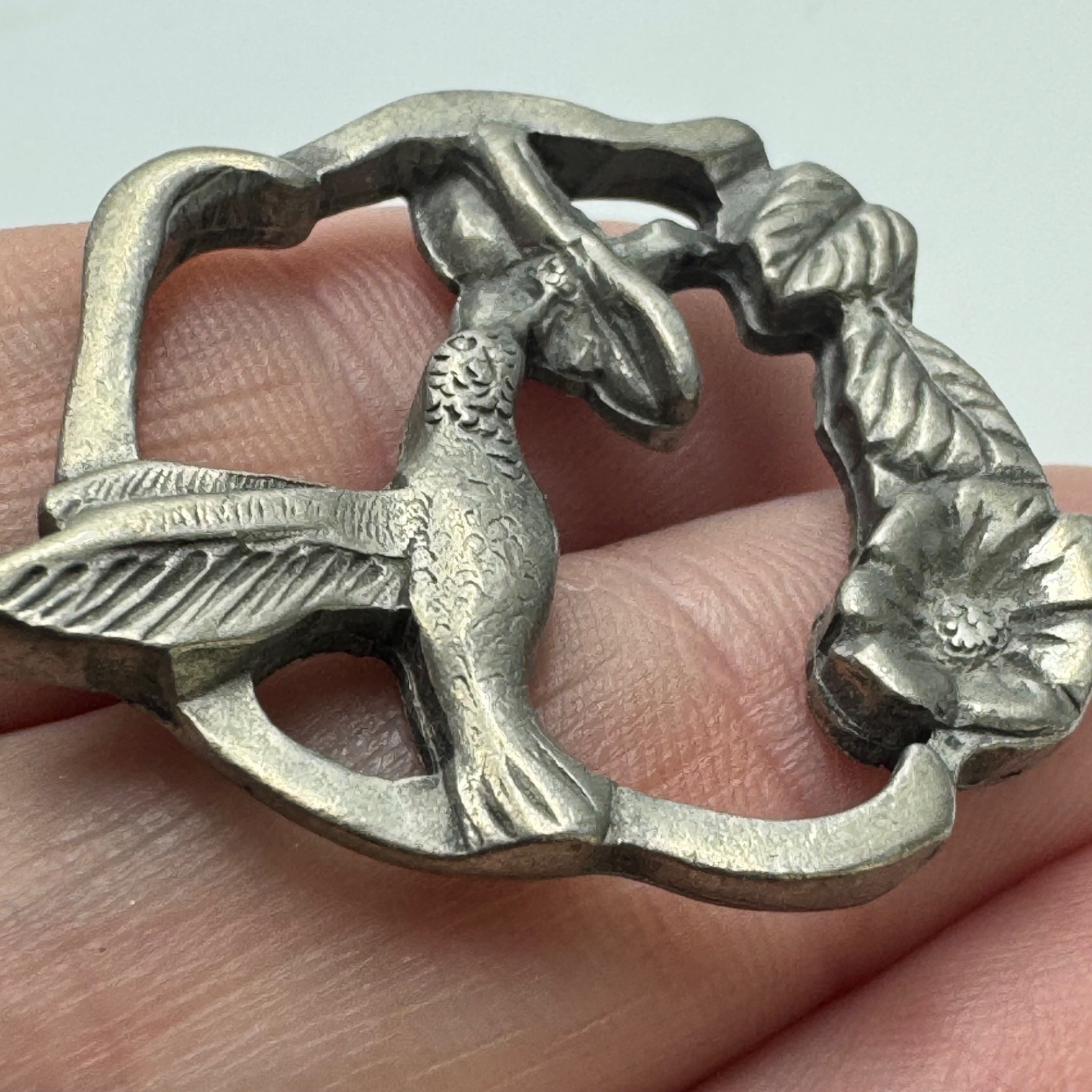 Vintage Silver Hummingbird Flower Heart Nature Garden Lapel Pin Souvenir