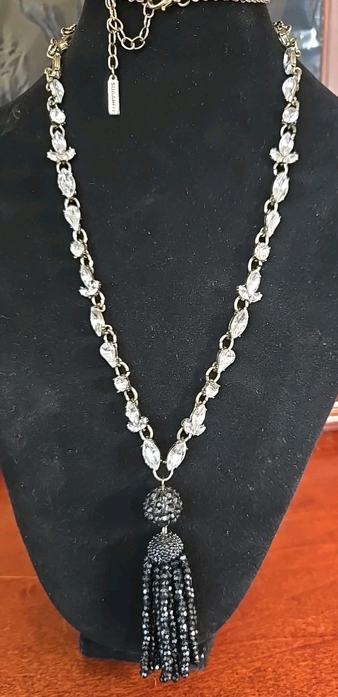 Vintage Sugarfix Necklace Boho Lariat Tassel Clear Rhinestones/Black Goth 36″