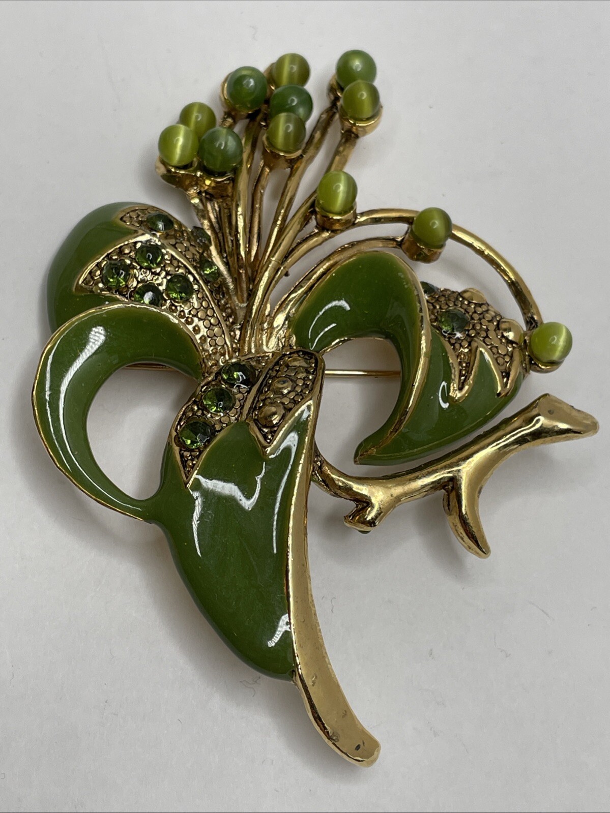 Vintage Green Enamel Floral Brooch Pin with Green Rhinestones and Cabochons RARE