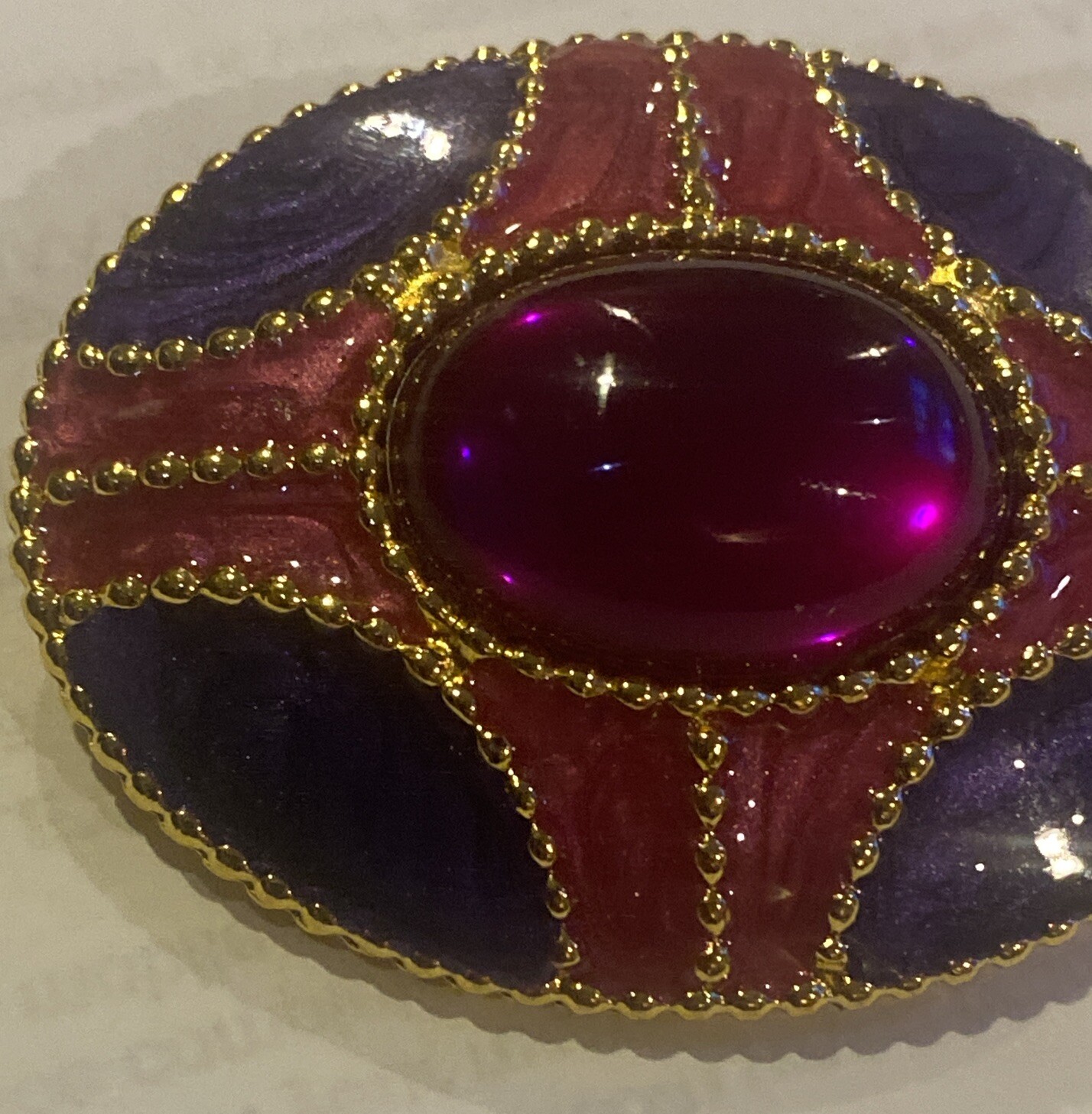 Vintage Gripoix Pink Cabochon W/ Purple Pink Enamel Oval Golden Brooch 2”