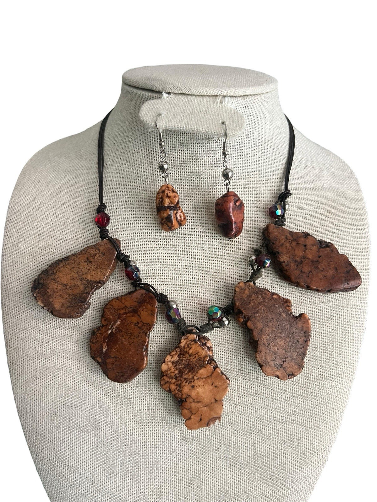 Brutalist Gemstone Necklace Chunky Slab Multi Charm Matching Earrings 18-21” Adj