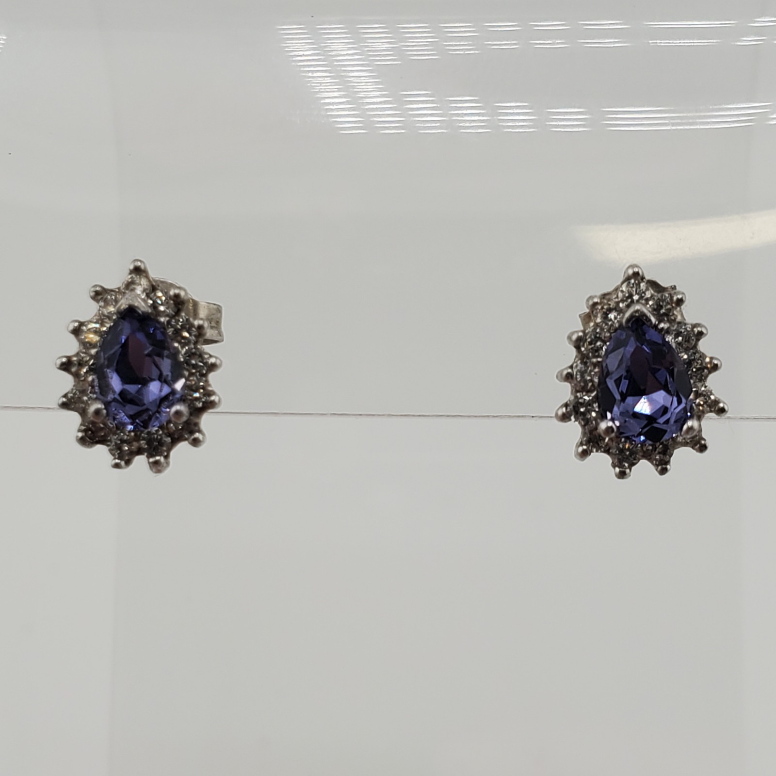 VTG 925 Purple Blue Pear Cut Crystal Stud Earrings Sterling Silver 1g Halo CZ S