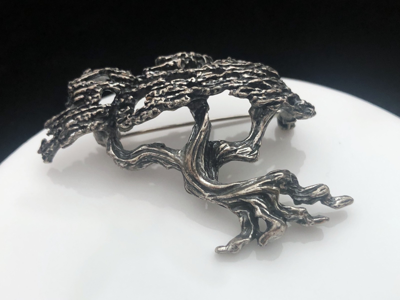 Vintage Signed ZENTALL Silver Tone Monterey Cypress Bonsai Tree Brooch Pin