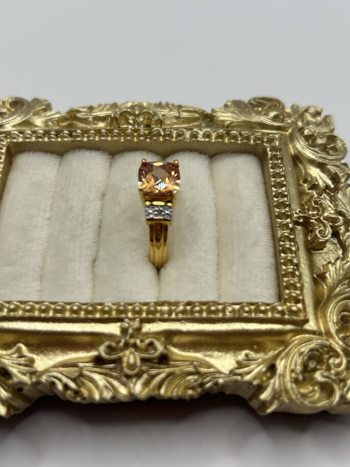Vintage Gold Tone Cushion Cut Champagne CZ Ring w/ Accents Size 6 Costume