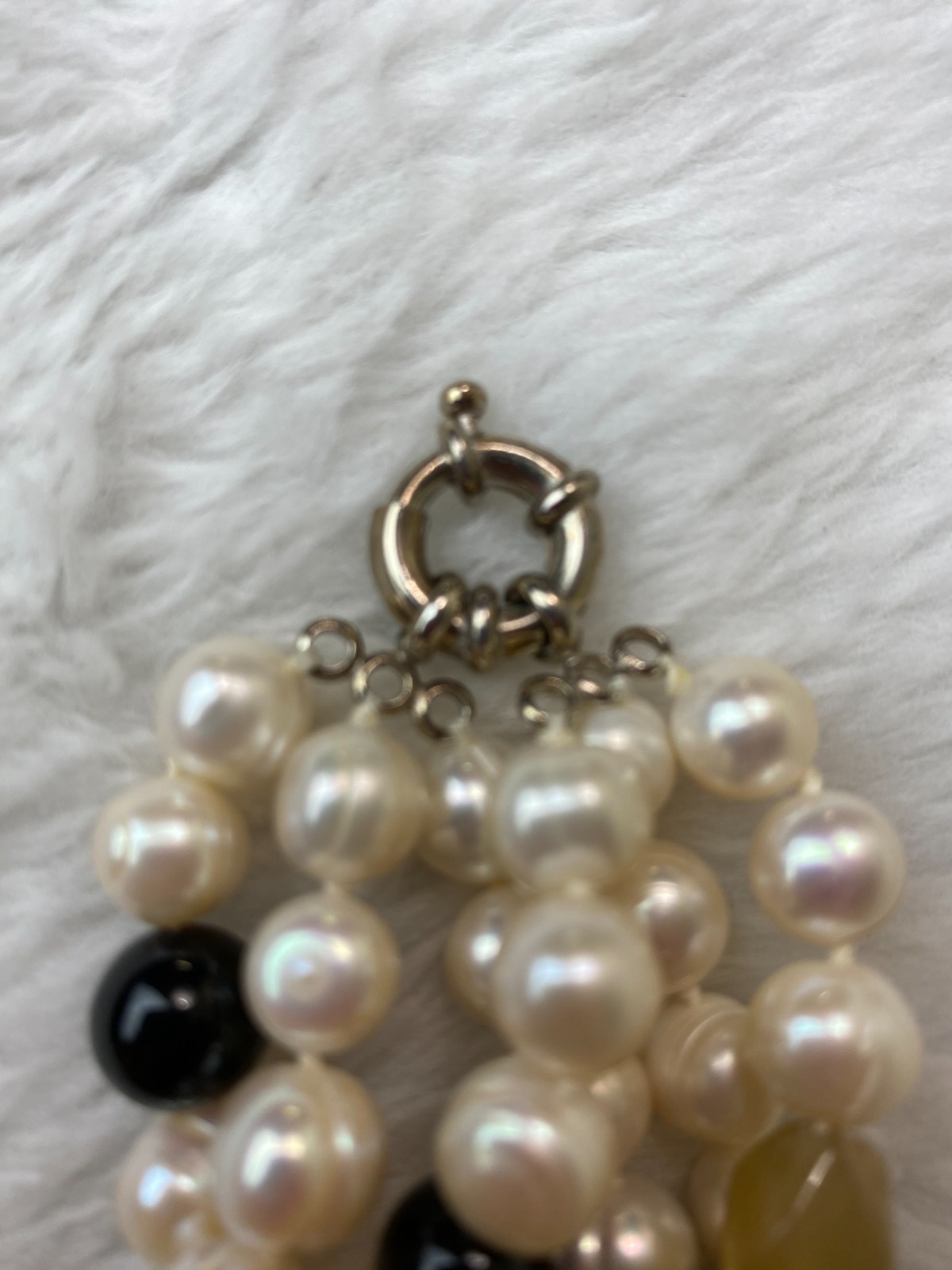 Vtg 1950s Japan Knotted Faux Pearl Multi-Strand Necklace Cream Amber Black 18″