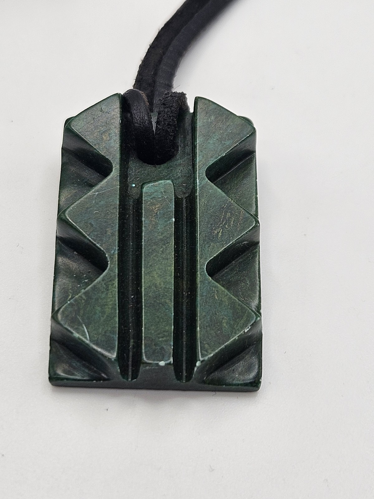 Vintage Carved Green Stone Pendant Leather Cord Necklace