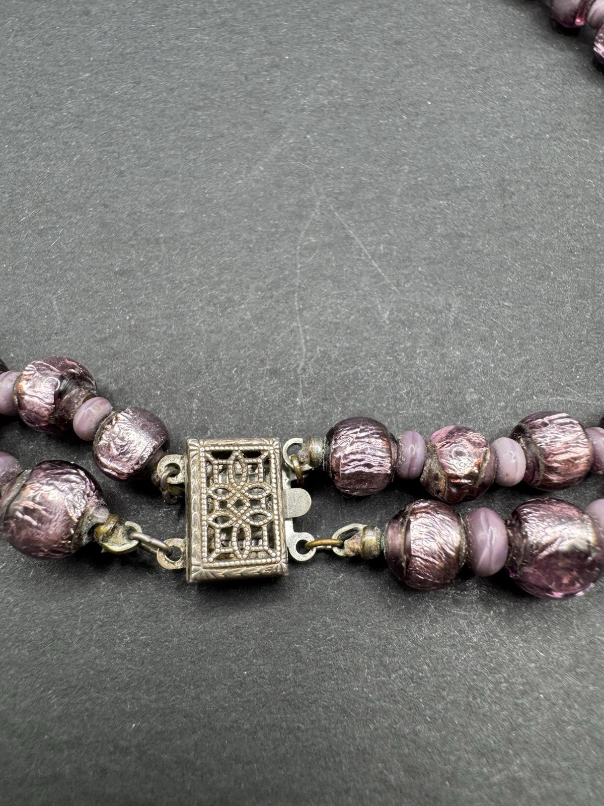 Vintage RARE Collectors MURANO FOILED GLASS BEAD Sterling Clasp Double Necklace
