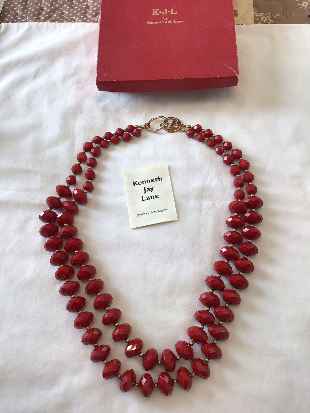 VINTAGE KJL KENNETH J LANE SIGNED RED BEAD 2 STRAND NECKLACE WITH ORIGINAL BOX