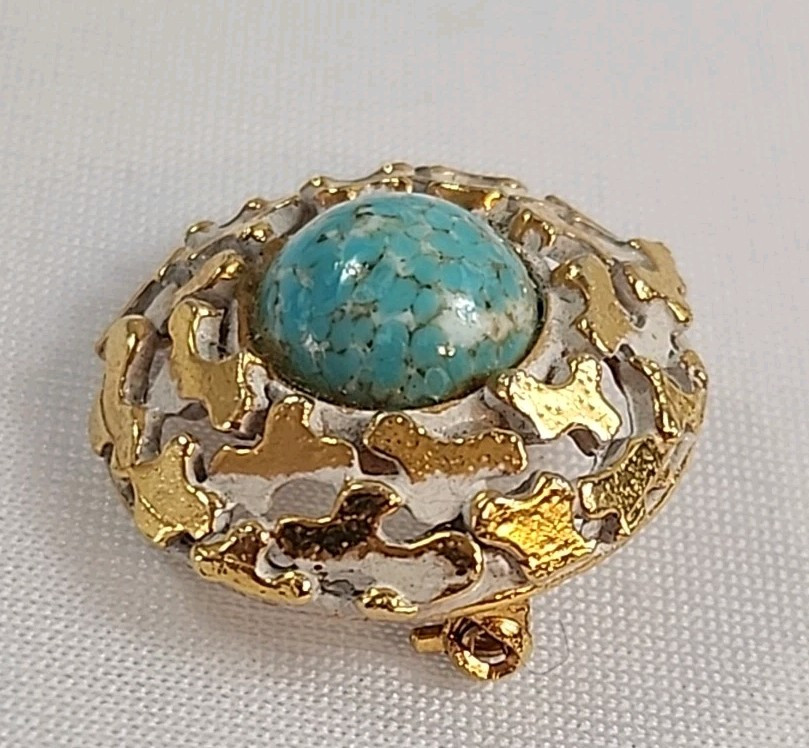 VTG Signed Zentall Antiqued Gold Tone Brooch Pin Stone Cabochon