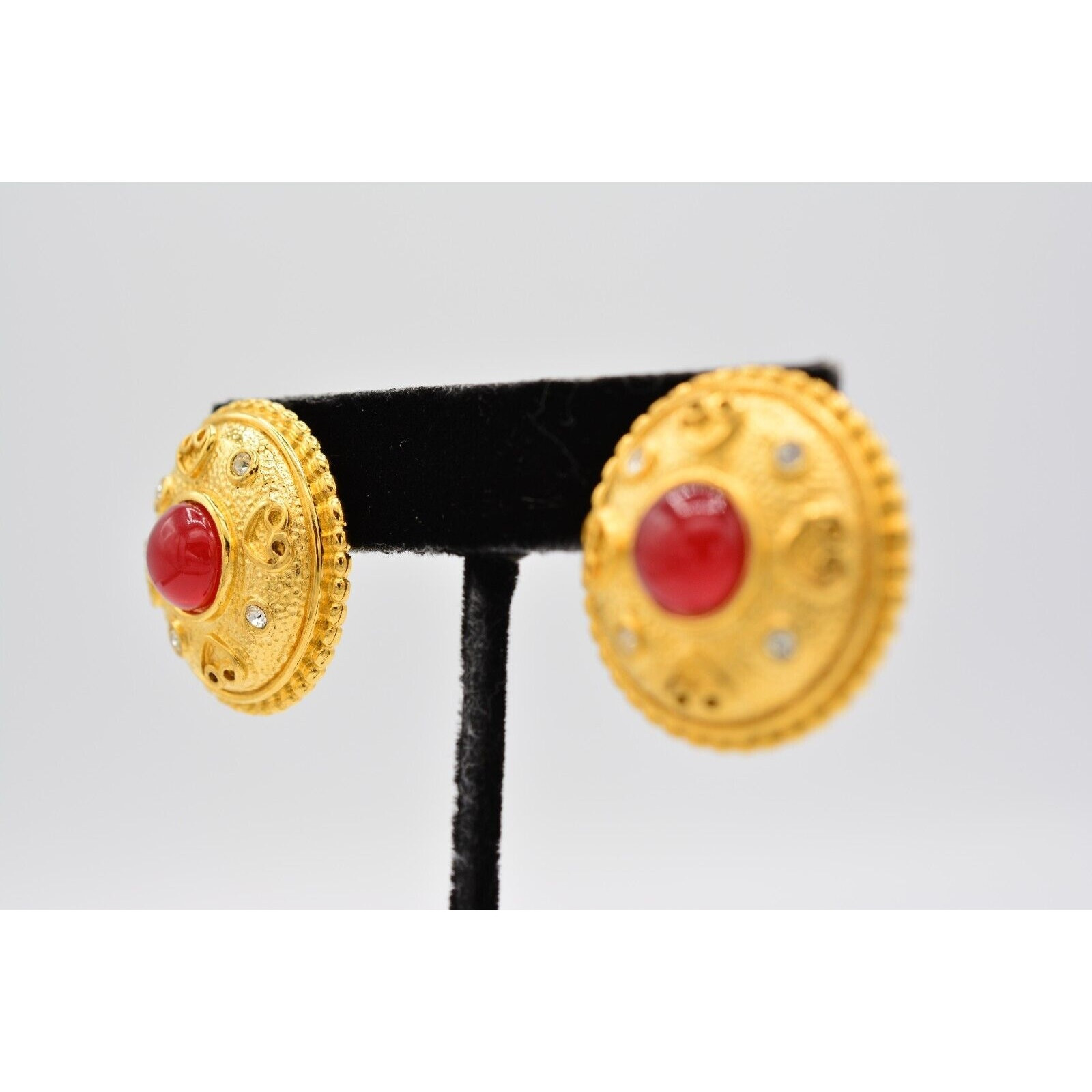 Vintage Chunky Cabochon Post Earrings Brushed Gold Red Crystal NOS 1980s BinA8
