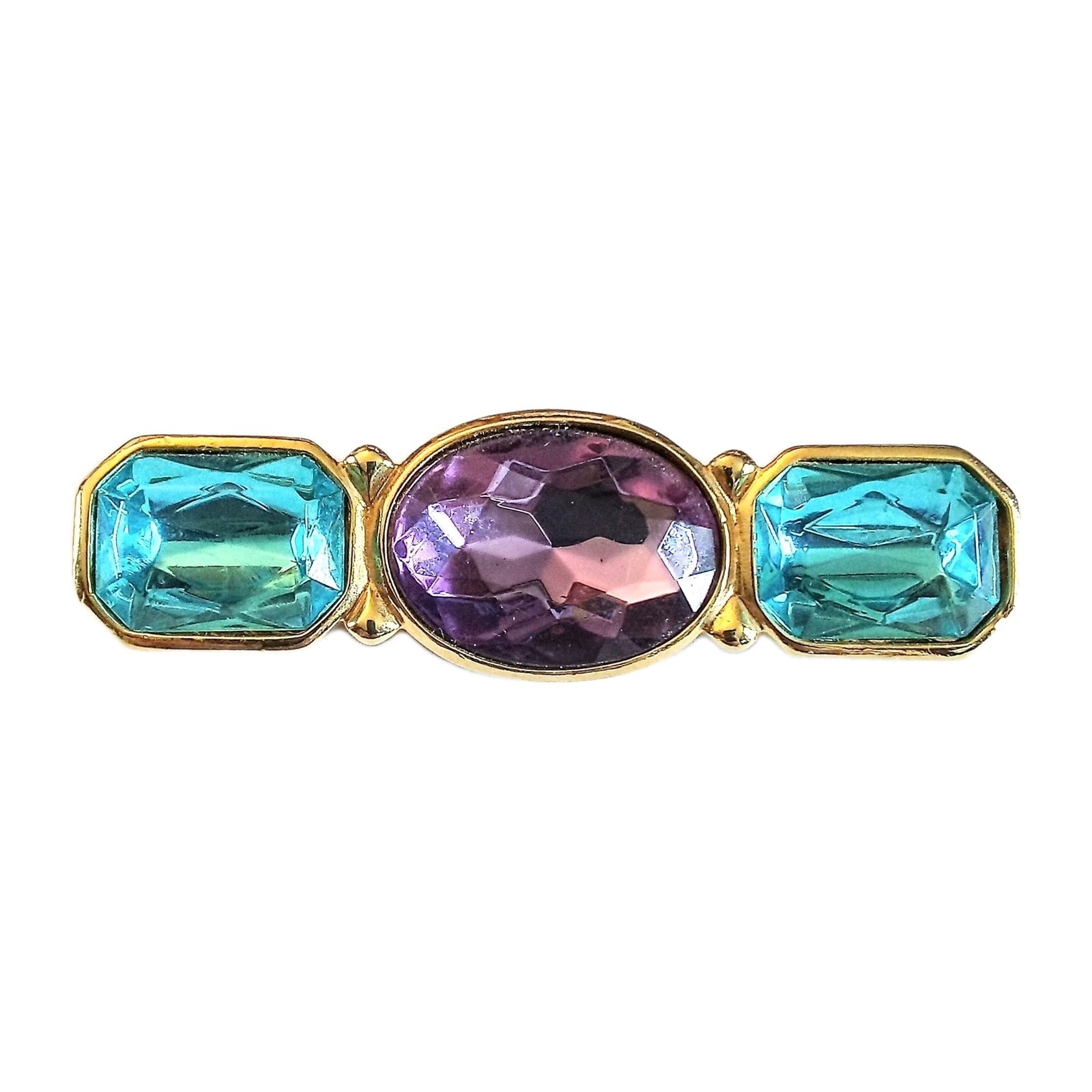Trifari Gold Tone Blue And Purple Bar Brooch Vintage