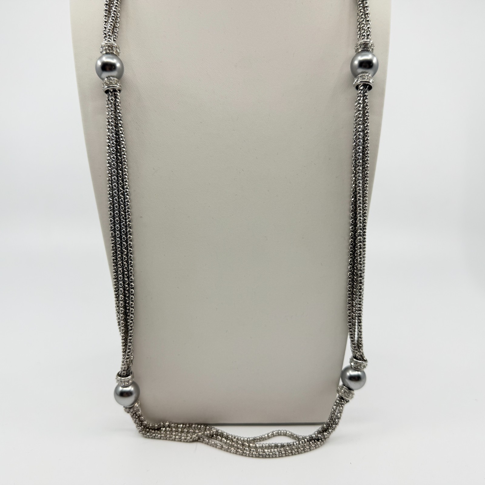 VTG Silver Tone Multi Strand Popcorn Chain Necklace Round Ball Bead Rhinestone