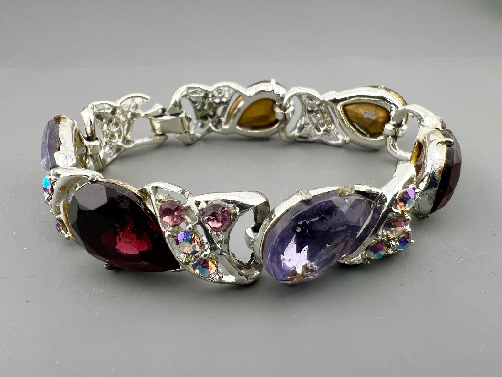 Vintage AB Rhinestone Bracelet Purple Red Link Statement Silver Tone 6.75”