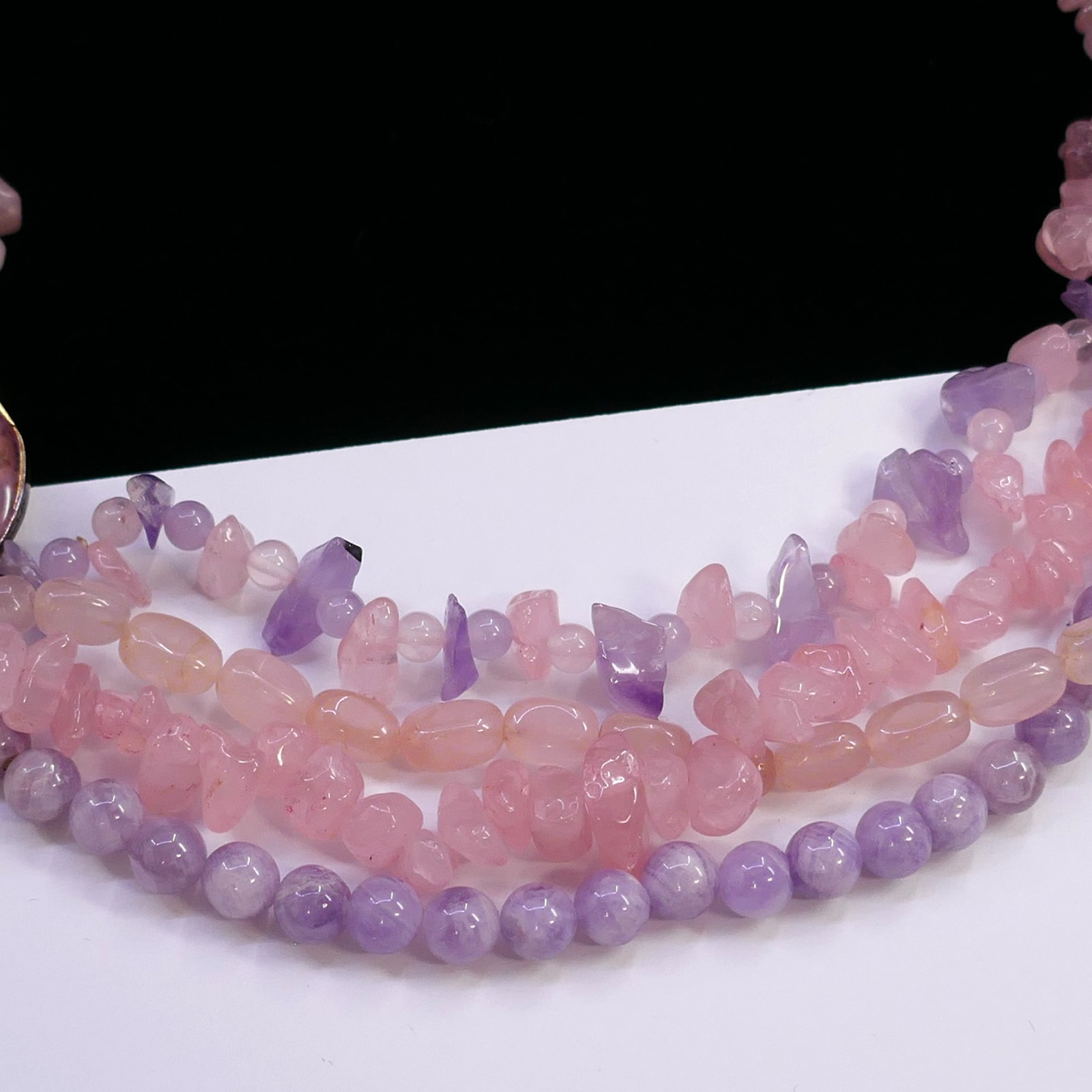 MULTISTRAND AMETHYST ROSE PINK QUARTZ GEMSTONE CHIP TORSADE BEAD NECKLACE