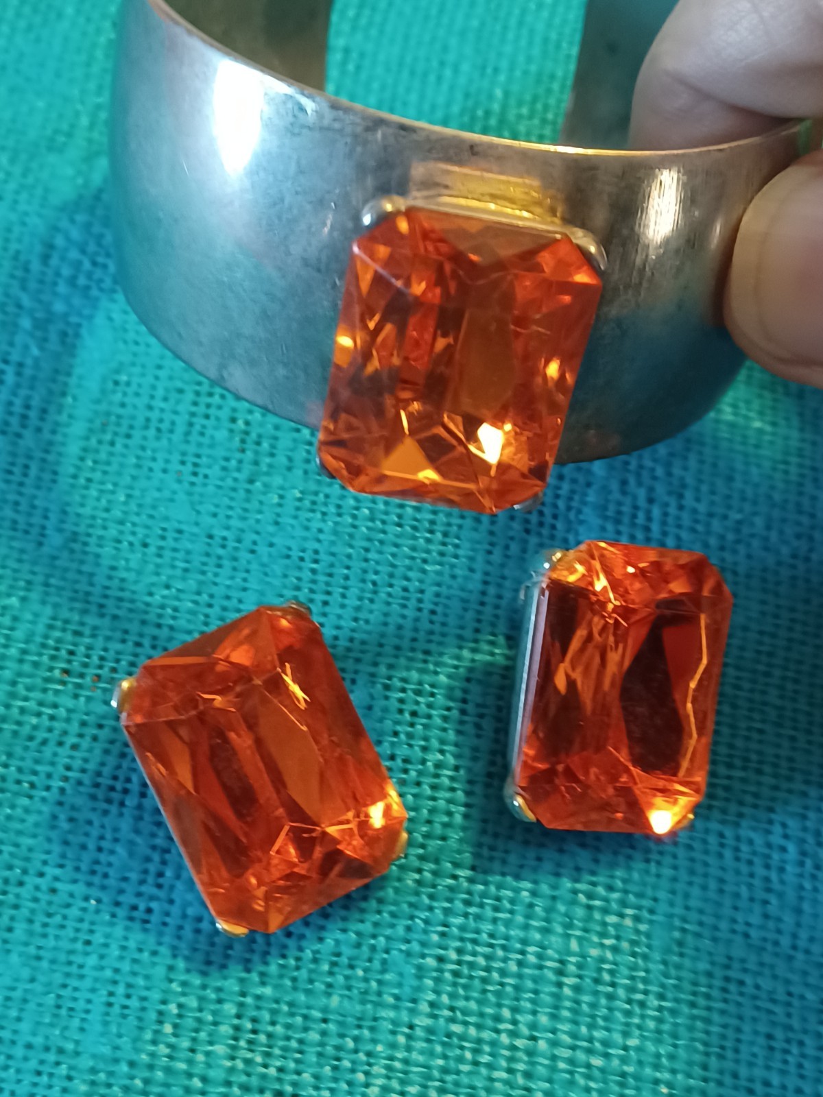VTG Modernist Silver-Tone Cuff Bracelet & Earrings Set Orange Gemstone Clip-Ons