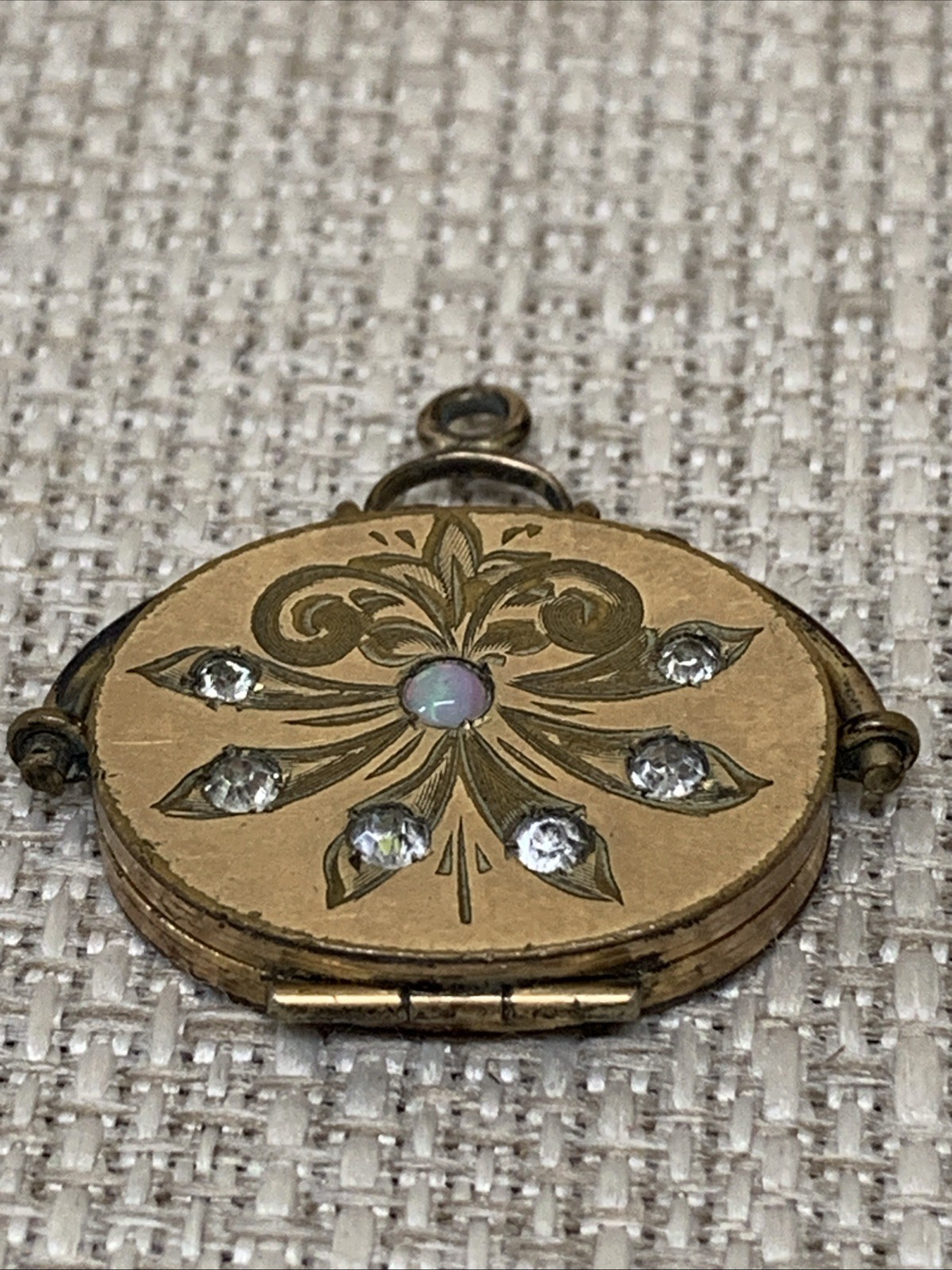 Antique Victorian French Gold Filled Engraved Oval Paste & Opal Locket Pendant