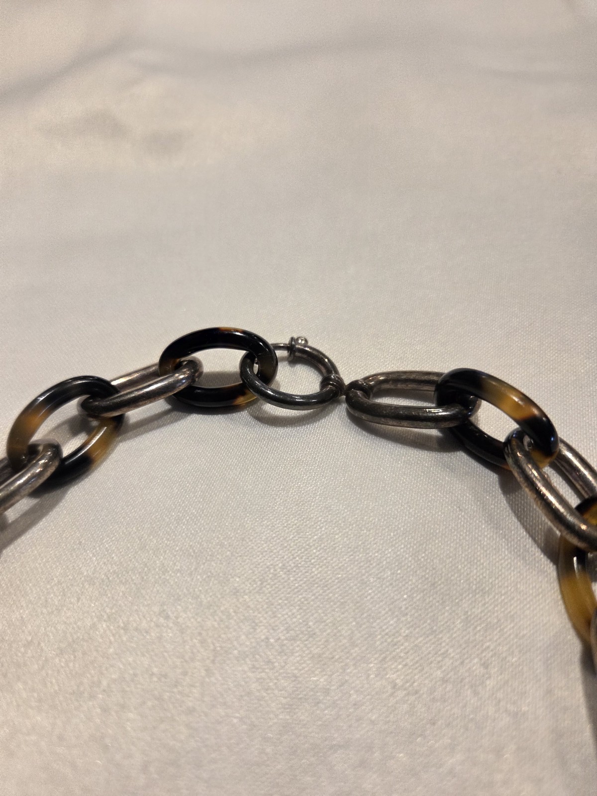 Chunky Acrylic Tortoise Shell and Silver Tone Metal Link Necklace and Earrings