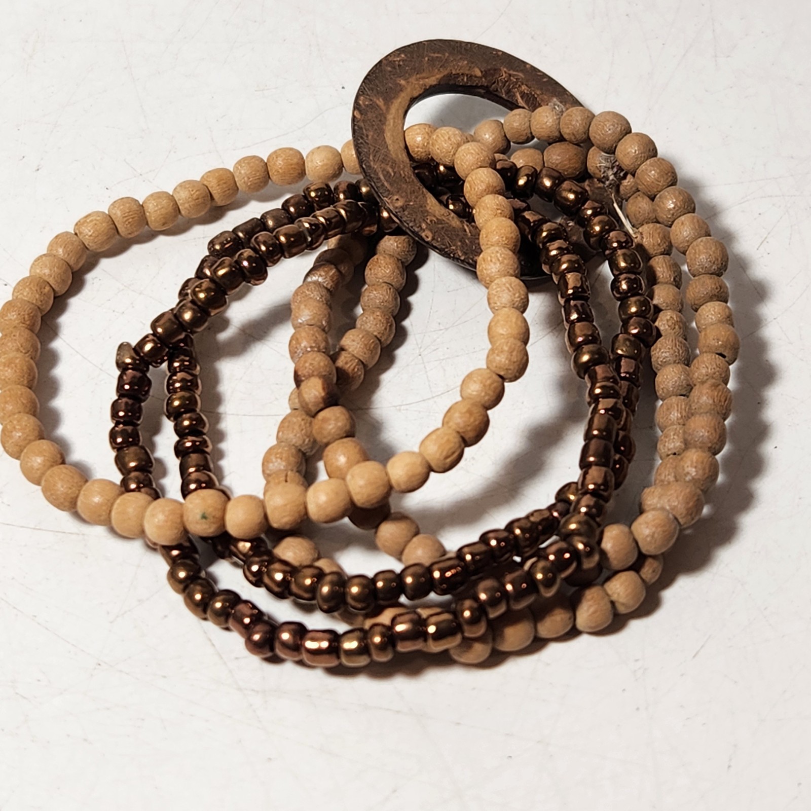 Multi Strand Wood Bead Stretch Bracelet Natural Earthy Boho Light Dark