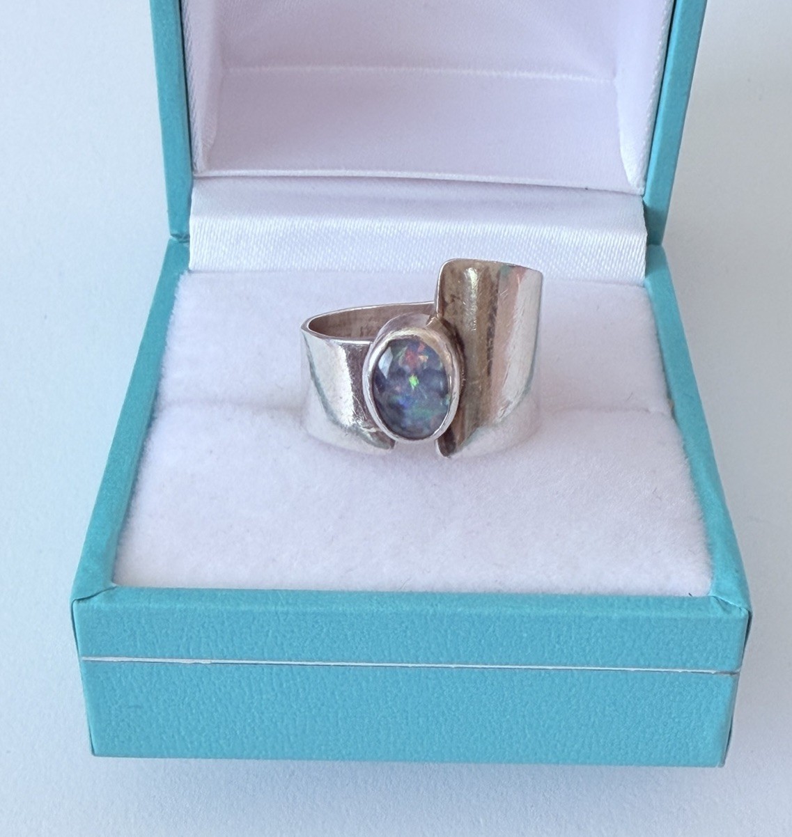Artisan Hand Made Modernist Sterling 925 Black Opal Band Ring Sz 5.5