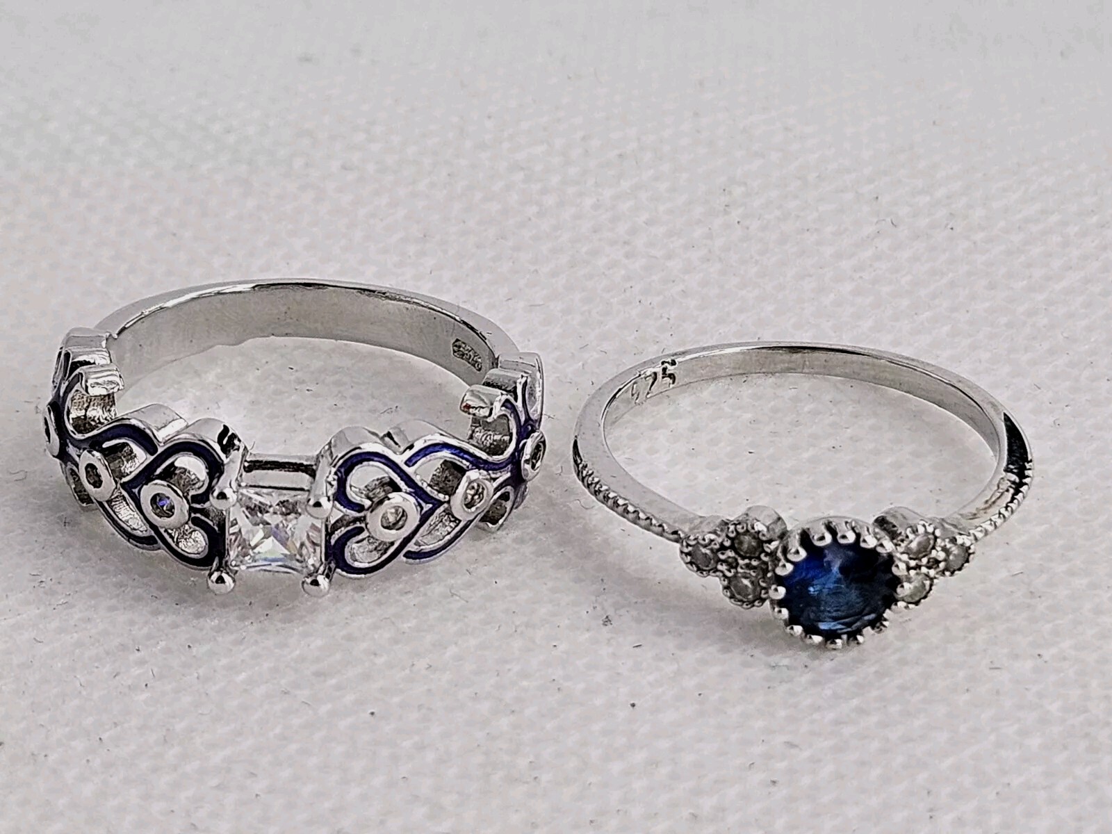 Estate Sterling Purple Enamel Rhinestone Ring And Sterling Blue Rhinestone Ring