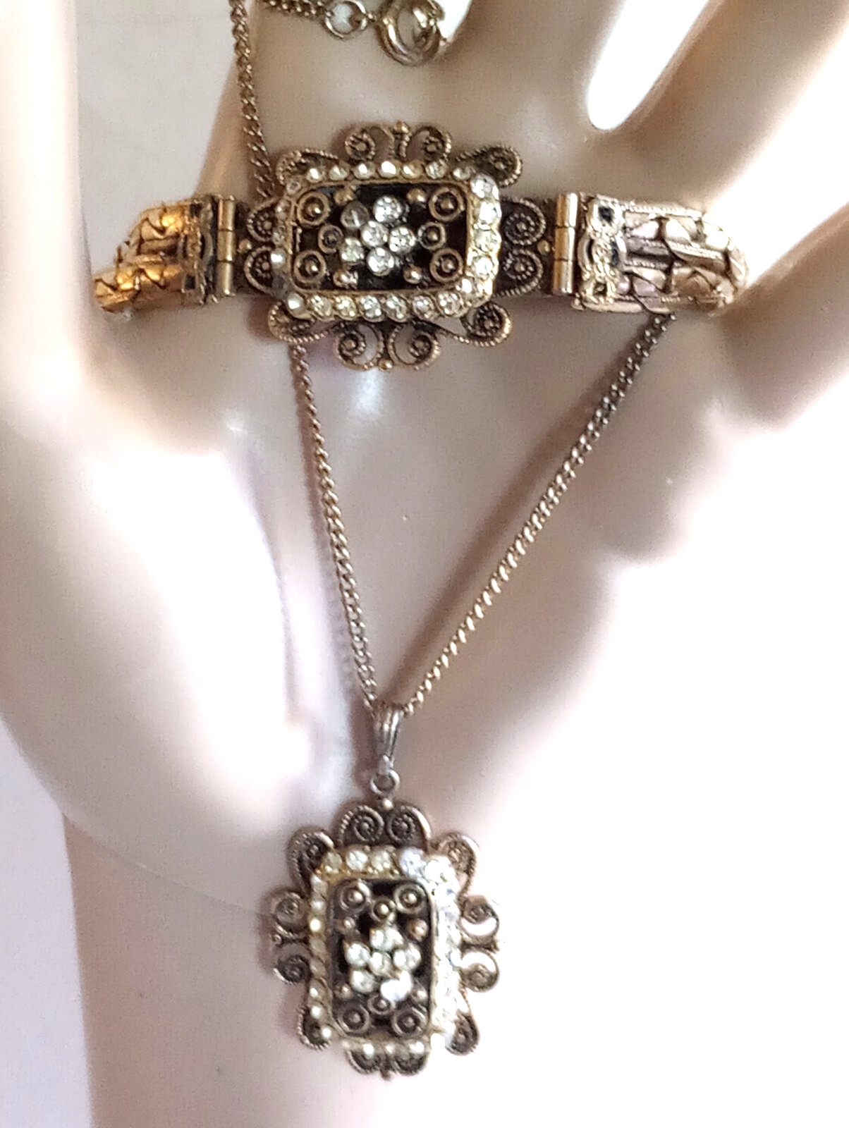 VINTAGE JEWELRY SET DECO FILIGREE CANNETILLE BRACELET PENDANT BRASS GOLD PLATED