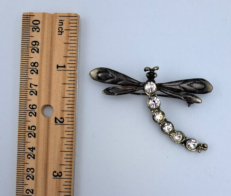 Vintage Dragonfly Brooch Pin Silver Metal Pewter Rhinestone Artisan Figural 3D