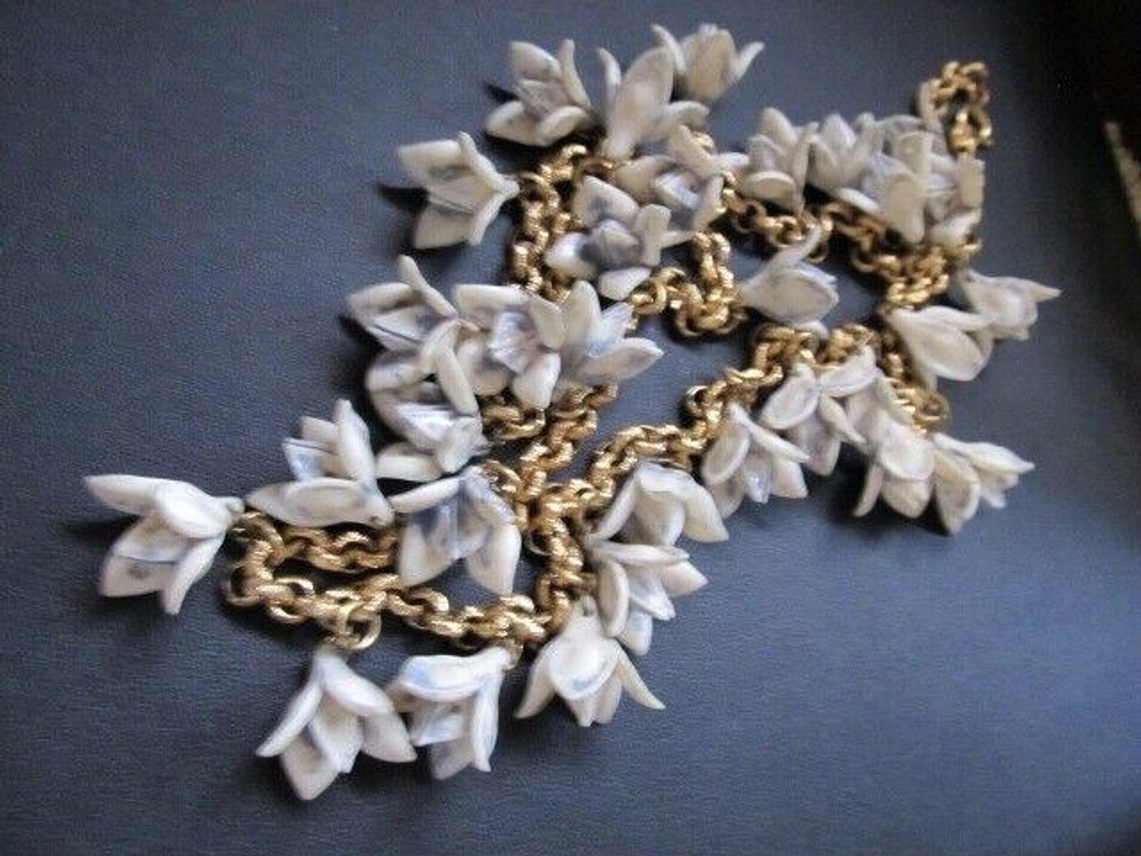 VtG Brass Chain Link Garland Necklace w Molded Plastic Flower Bud Dangle Charms